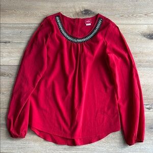 Elegant Red Blouse with Embellished Neckline